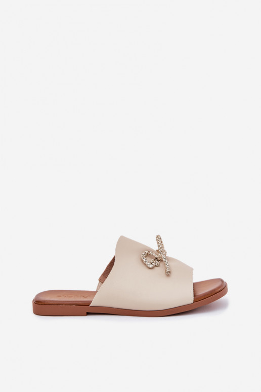 Damespantoffels met brede hakken Met sierlijk INiązaniem beige Norela Damespantoffels met brede hakken Met sierlijk INiązaniem beige Norela