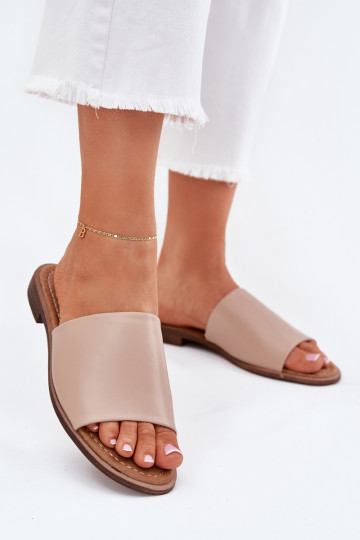 Dames gladde leren slippers Cerise zandkleur 2
