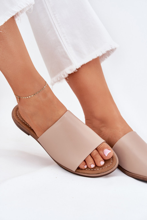 Dames Leer Glad Slippers beige Cerise Dames Leer Glad Slippers beige Cerise
