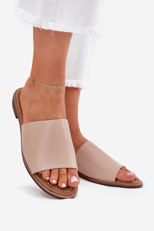 Dames Leer Glad Slippers beige Cerise Dames Leer Glad Slippers beige Cerise