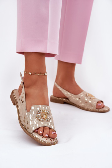 Gouden dames sandalen met ornamenten en brede hakken "S.Barski KV51-096"
