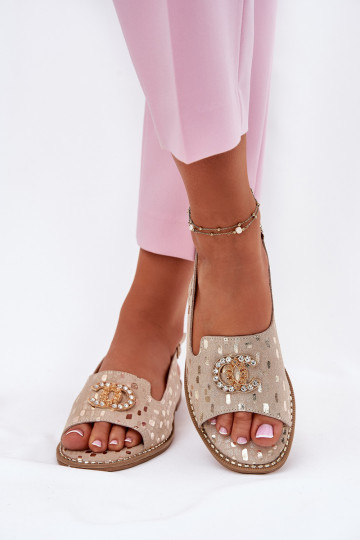 Gouden dames sandalen met ornamenten en brede hakken "S.Barski KV51-096" 2