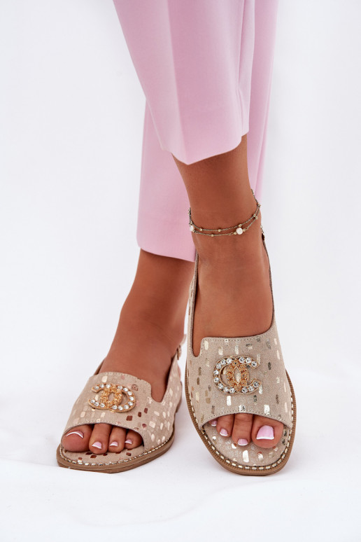 Sandales pour femmes avec des ornements avec des talons larges S.Barski KV51-096 couleur dorée Sandales pour femmes avec des ornements avec des talons larges S.Barski KV51-096 couleur dorée