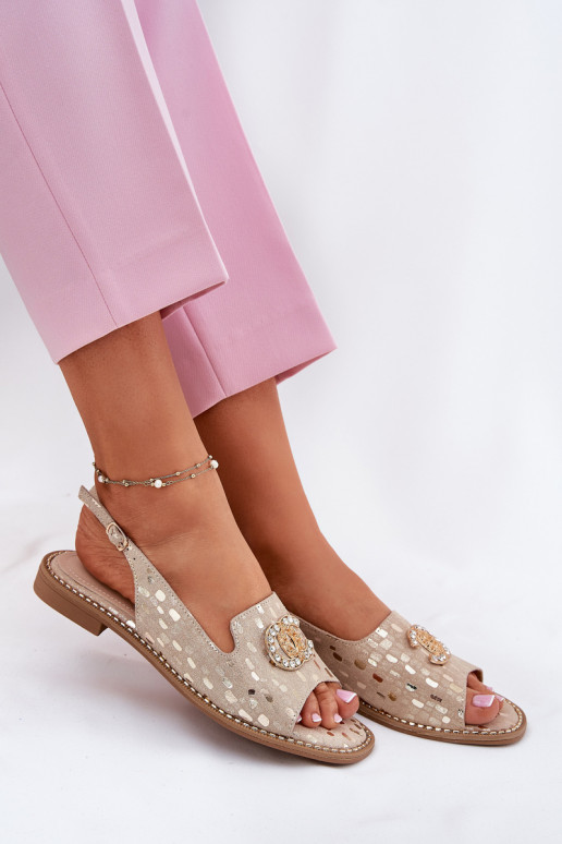 Damensandalen mit Ornamenten mit breiten Absätzen S.Barski KV51-096 goldene Farbe Damensandalen mit Ornamenten mit breiten Absätzen S.Barski KV51-096 goldene Farbe