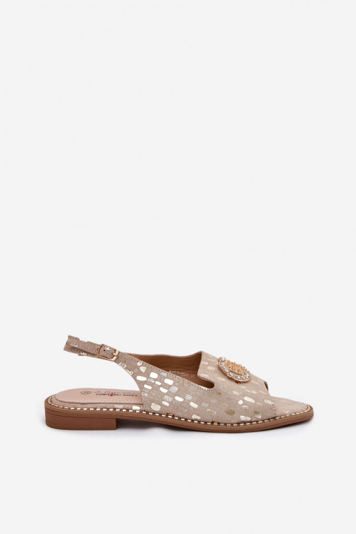 Damensandalen mit Ornamenten mit breiten Absätzen S.Barski KV51-096 goldene Farbe Damensandalen mit Ornamenten mit breiten Absätzen S.Barski KV51-096 goldene Farbe