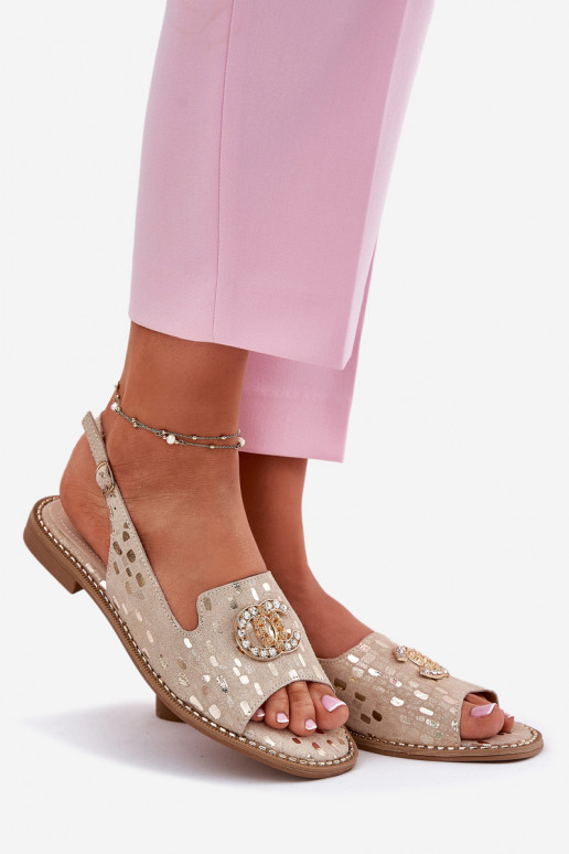 Dames sandalen met ornamenten met brede hakken S.Barski KV51-096 gouden kleur Dames sandalen met ornamenten met brede hakken S.Barski KV51-096 gouden kleur