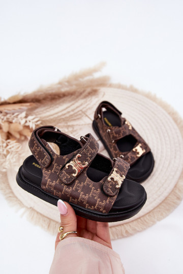 Kinderen slippers met klittenbandsluiting en gouden details in bruin