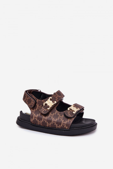 Kinderen slippers met klittenbandsluiting en gouden details in bruin 2