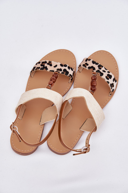 Flache Sandalen für Damen mit Perlen mit Leopardenfellmuster Beige Virona Flache Sandalen für Damen mit Perlen mit Leopardenfellmuster Beige Virona