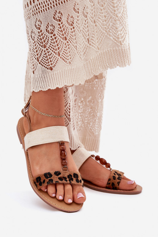 Flache Sandalen für Damen mit Perlen mit Leopardenfellmuster braune Farbe Virona Flache Sandalen für Damen mit Perlen mit Leopardenfellmuster braune Farbe Virona