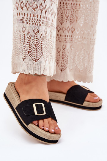 Pantoufles pour femmes avec une plateforme avec boucles dorées couleur noire Selira