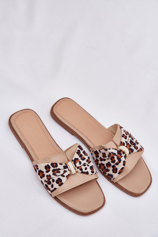 Damespantoffels met brede hakken met linten beige Avenza Damespantoffels met brede hakken met linten beige Avenza