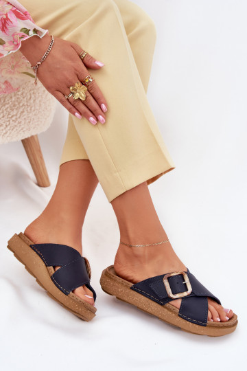 Pantoufles en cuir Féminin avec boucles Inblu ED0003IU bleu foncé