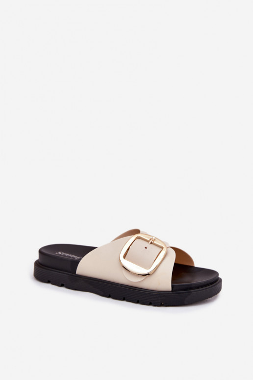 Pantoufles pour femmes avec une plateforme avec boucles dorées beige Jovira Pantoufles pour femmes avec une plateforme avec boucles dorées beige Jovira