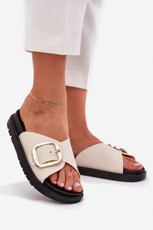 Damespantoffels met platform met gouden gespen beige Jovira Damespantoffels met platform met gouden gespen beige Jovira