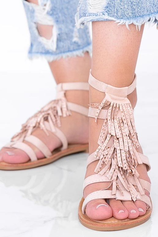 Zandkleurige sandalen met franjes,...