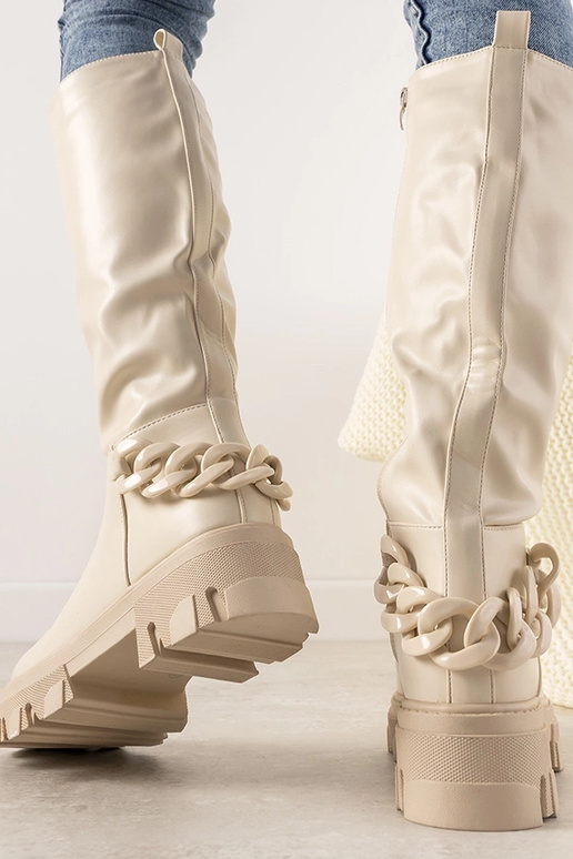 Sandfarbene Stiefeletten mit Kette,...