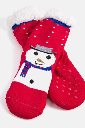 Rote isolierte Socken mit Challi dem Schneemann 2