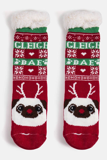 Rote warme Socken mit Challi dem Hund