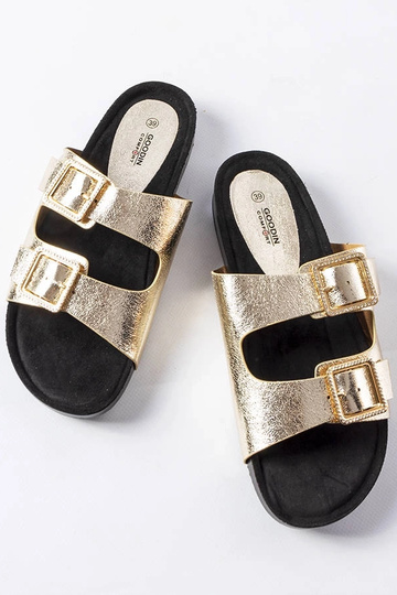 Claquettes en cuir verni doré à boucle Norcross 2