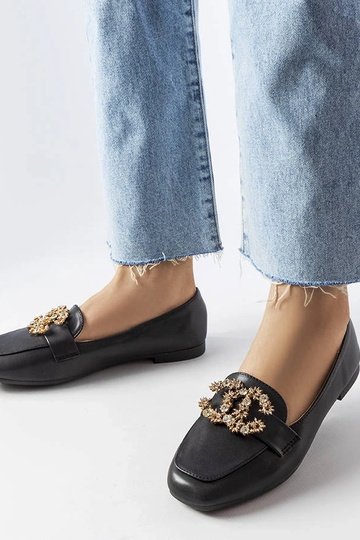 Sorte dame loafers i læder med zirkoner Neuer 2