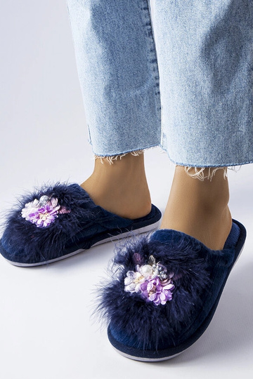 Marineblaue warme Hausschuhe mit Blumen Moly
