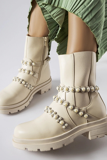 Beige Stiefeletten verziert mit Callicratide-Perlen 2