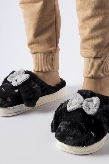 Chaussons noirs chauds avec oreilles et noeud Gilda