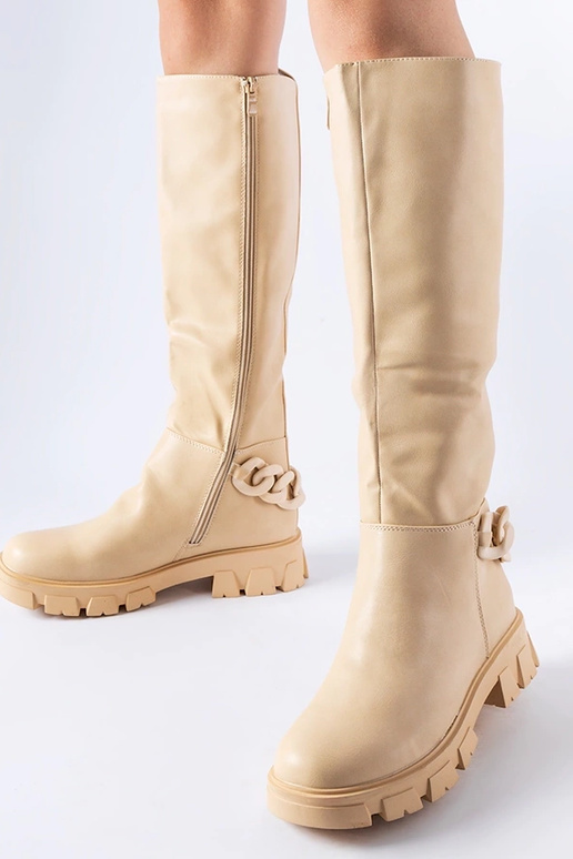 Beige flache Stiefel mit Kette Armand Beige flache Stiefel mit Kette Armand