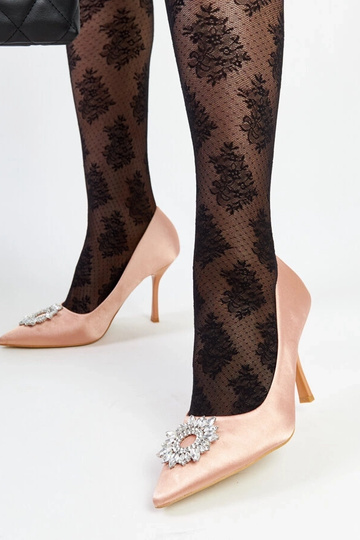 Beige satinierte Stilettos mit Zirkonen Clemente