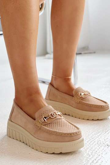Beige leren halfhoge schoenen met decoratieve gesp Taija
