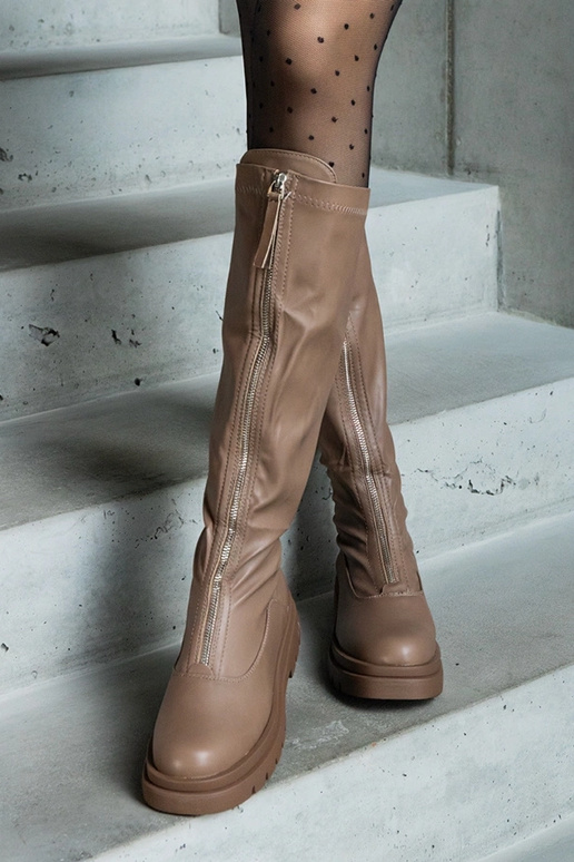 Bottes brunes en simili cuir à talon...