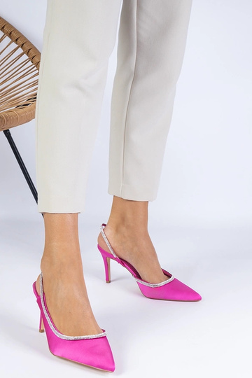 Mrozzi Rosa Satin Pumps mit Strasssteinen und offenem Absatz 2