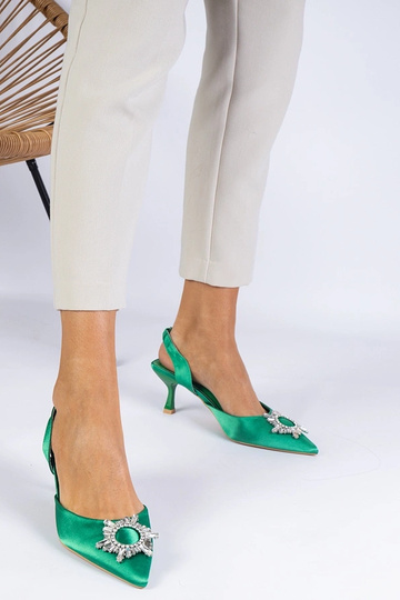 Escarpins en satin vert à talon ouvert et ornements élégants Melossi 2