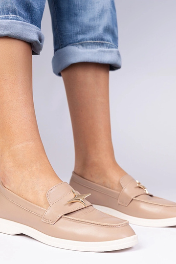 Donkerbeige dames mocassins met gouden versiering Senna