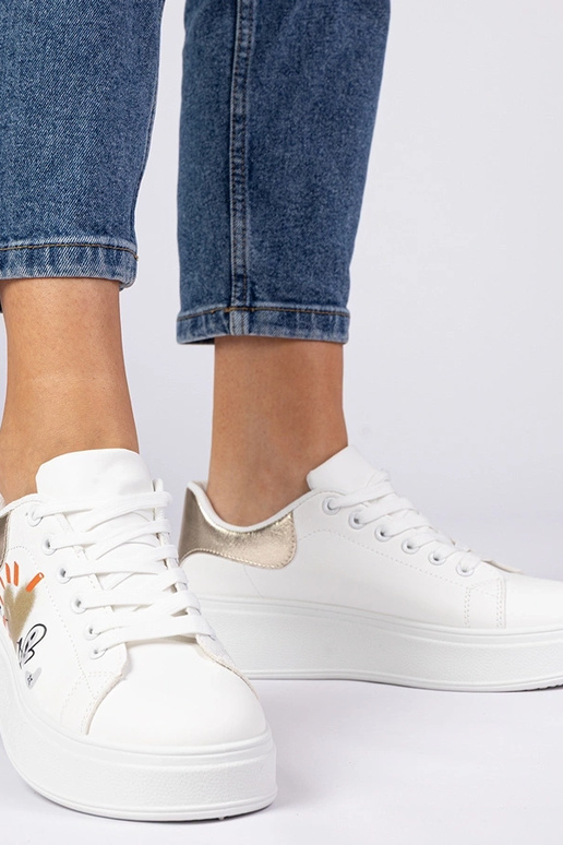 Weiß-goldene Damen Sneakers mit Druck... Weiß-goldene Damen Sneakers mit Druck...