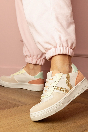 Zandkleurige dames sportieve schoenen met glitterdecoratie Blona
