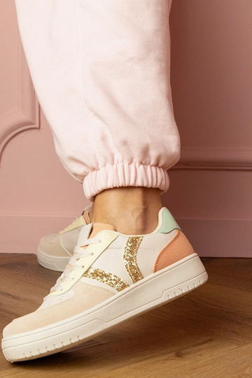 Zandkleurige dames sportieve schoenen met glitterdecoratie Blona 2