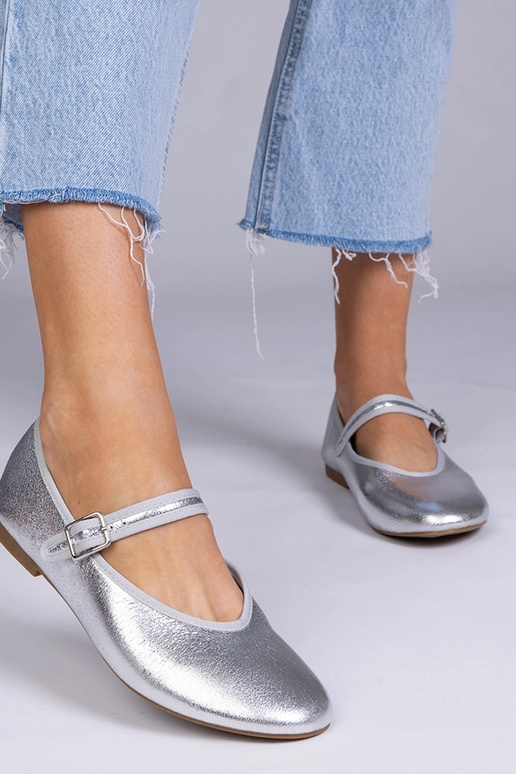 Zilveren dames ballerina's met gesp,...
