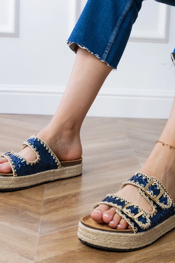 Donkerblauwe espadrilleslippers met glitter en gespen, „Induri" 2