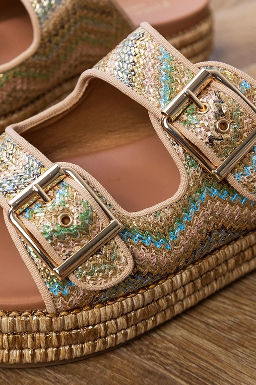 Gouden slippers met gespen aan de...