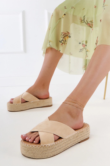 Zandkleurige espadrille slippers met bandjes op platform Jerisa
