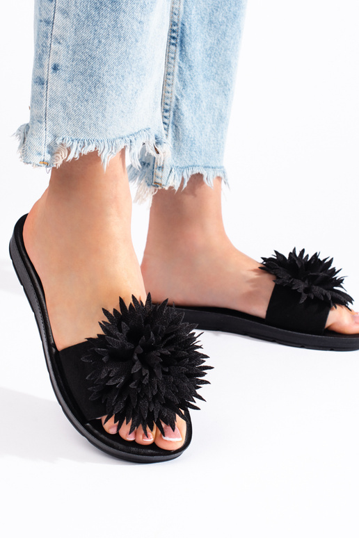 Chaussons femme noirs avec une fleur