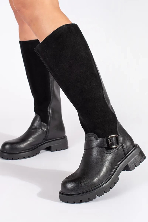 Schwarze Leder Damen Plateaustiefel... Schwarze Leder Damen Plateaustiefel...