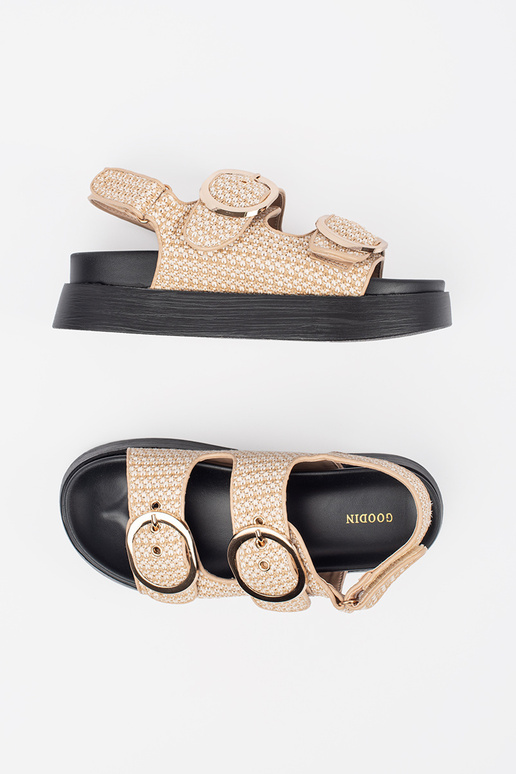 Beige Plateau-Sandalen mit kariertem...