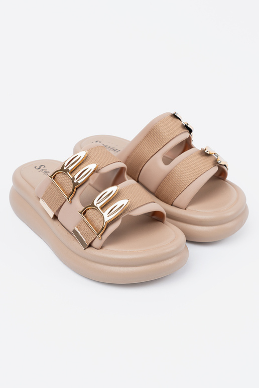 Mules beige avec boucles dorées et...