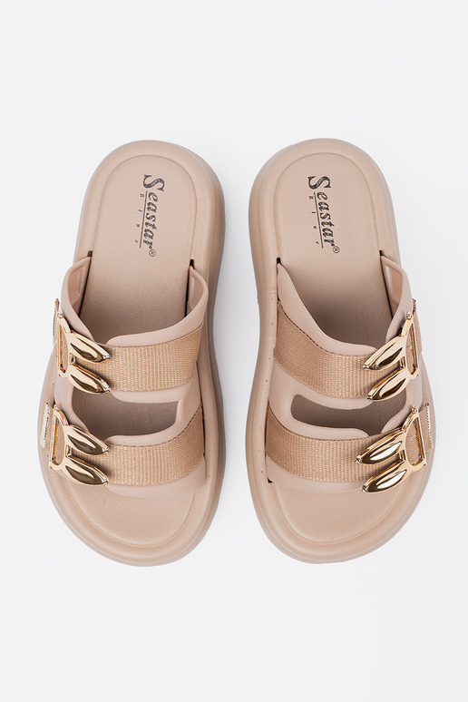 Mules beige avec boucles dorées et...