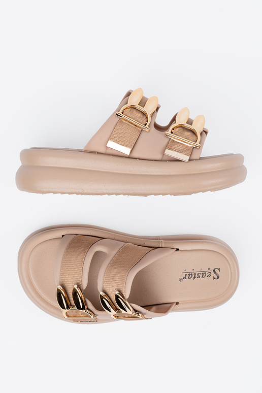 Mules beige avec boucles dorées et...