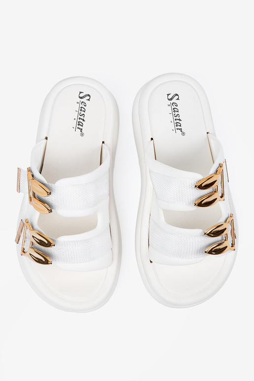 Witte slippers met gouden gespen en...