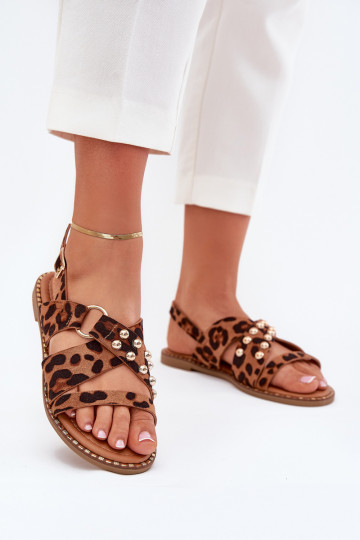 Damensandalen mit breiten Absätzen Ze goldene Farbemi Stollen mit Leopardenfellmuster Zanira